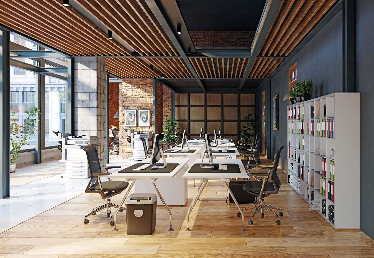 Office space with six desks and a modern style
